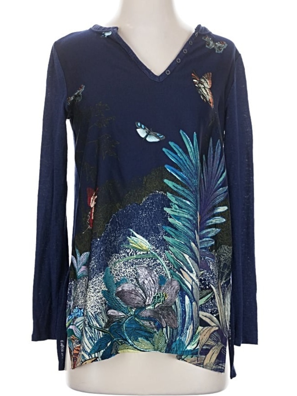 Akemi + Kin Fauna Butterfly Jungle Print Linen Blend Relaxed Fit Henley Top